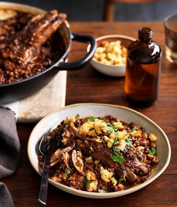 Pork rib, black lentil and white bean stew