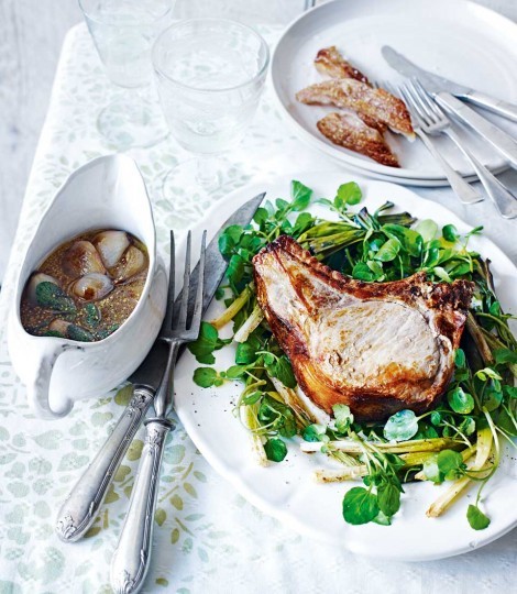 Pork rib chop for two with garlic & sage Calvados sauce