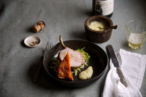 Pork rib-eye roast with sautéed cabbage and apple soubise