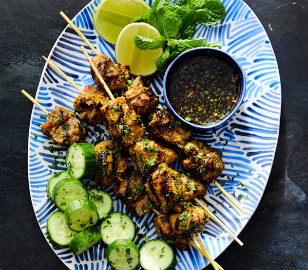 Pork satay with spicy sweet soy dipping sauce