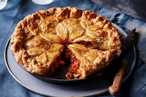 Pork sausage, bacon and bean pie