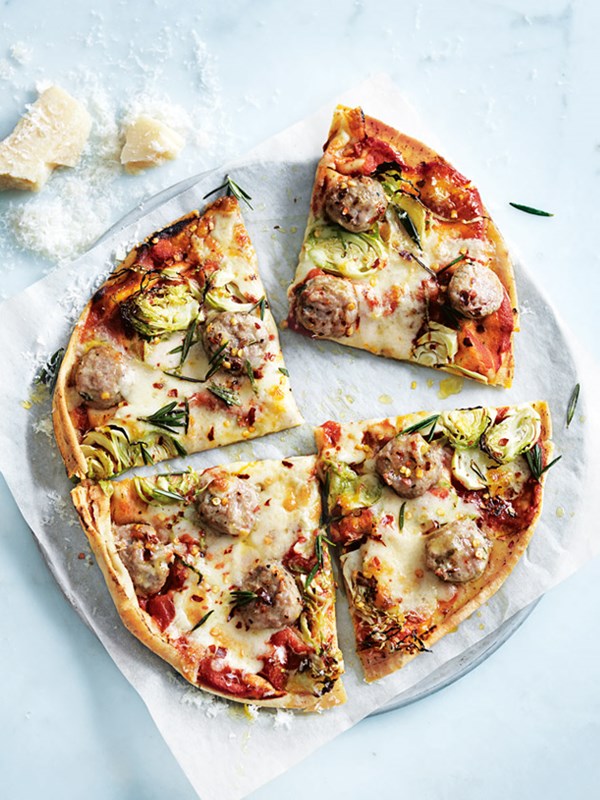 Pork sausage, Brussels sprout and rosemary pizza