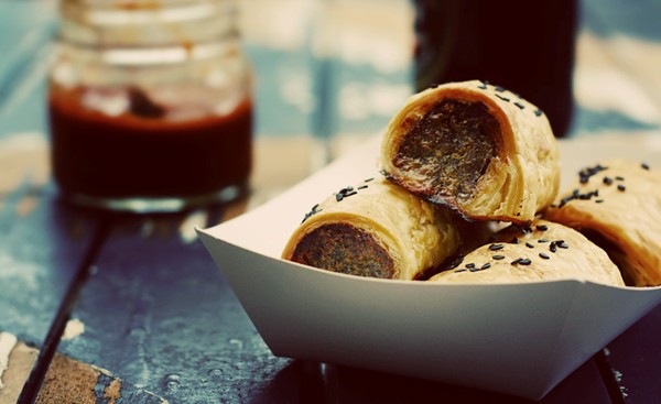 Pork sausage rolls with caramelised apple and thyme