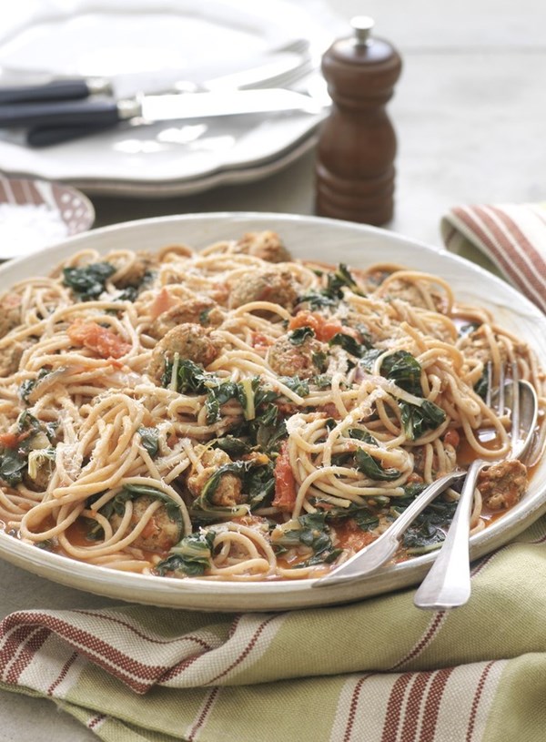 Pork sausage, silverbeet and red onion pasta