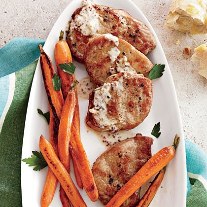Pork scaloppine with mustard pan sauce and baby carrots