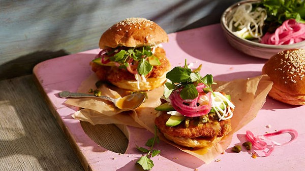 Pork schnitzel sandwich with roasted jalapenos and pickled onions (Cemita milanesa de cerdo)