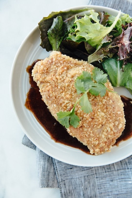 Pork schnitzel with crispy rice coating