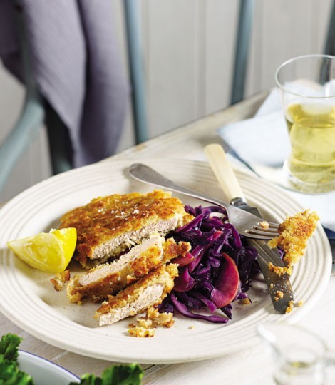 Pork schnitzels with apple and red cabbage sauerkraut