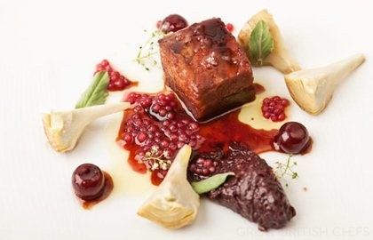 Pork secretos with artichokes and red wine tapioca