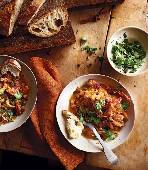 Pork shoulder and chorizo stew with sherry, crackling and crispy capers