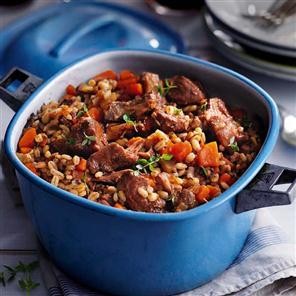 Pork shoulder and pearl barley stew