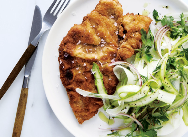 Pork shoulder cutlets with fennel and asparagus salad