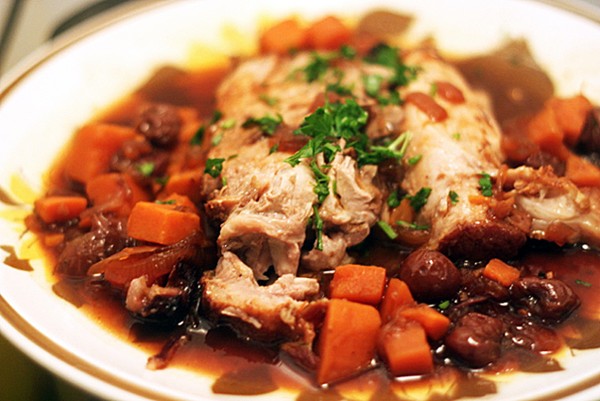 Pork shoulder with Guinness, dried cherries, and sweet potatoes