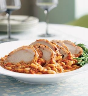 Pork sirloin braised with white beans, rosemary, and sage