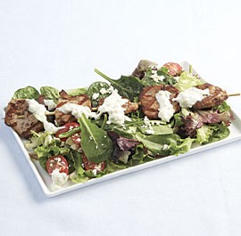 Pork souvlaki salad with black pepper tzatziki