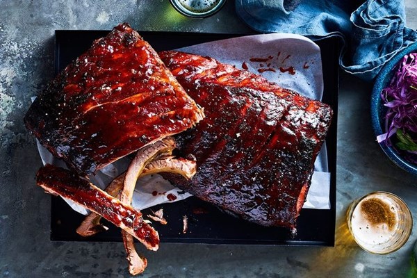 Pork spare ribs glazed in Coca-Cola barbecue sauce