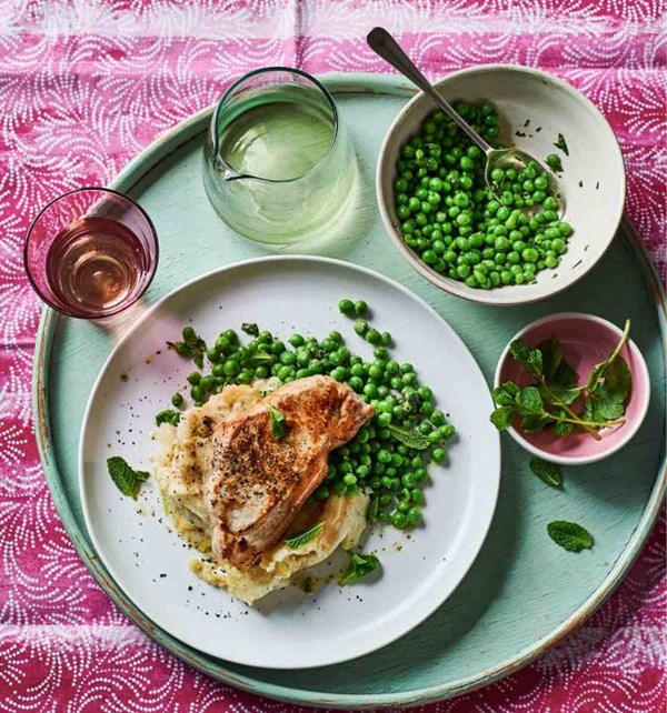 Pork steaks with a leek champ and minty peas