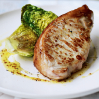 Pork steaks with grilled little gems