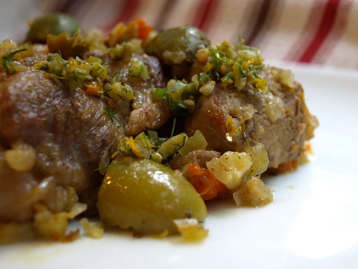Pork stew with fennel, orange, and olives