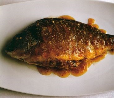 Pork-stuffed sea bream with ginger sauce