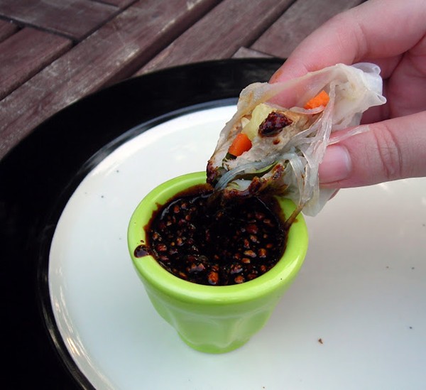Pork summer rolls with peanut dipping sauce