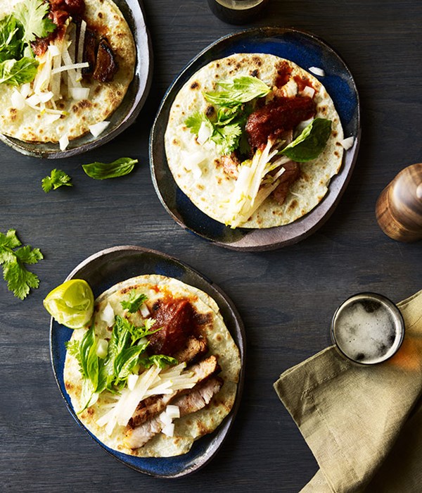 Pork tacos with salsa roja and nashi