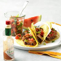 Pork tacos with spicy watermelon salsa