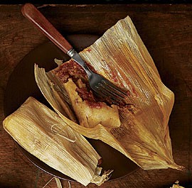 Pork tamales with double-chile sauce