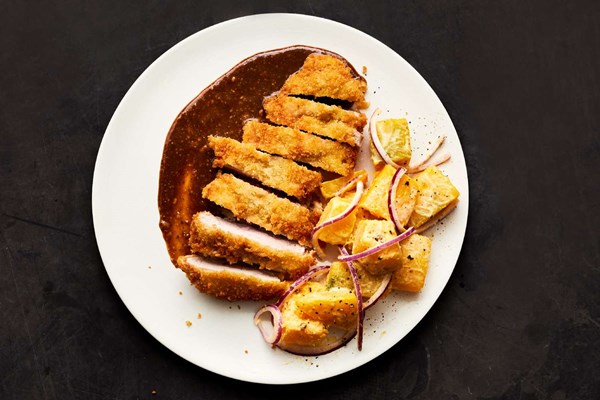 Pork tenderloin katsu with kabocha squash salad