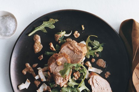 Pork tenderloin with arugula endive salad and walnut vinaigrette