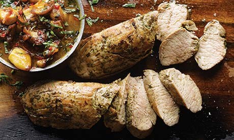 Pork tenderloin with caramelised garlic and orange salsa