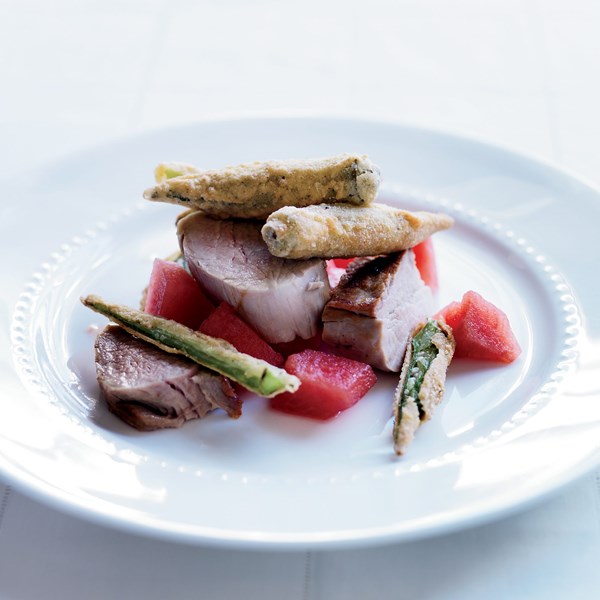 Pork tenderloin with fried okra & pickled watermelon [Graham Elliot]