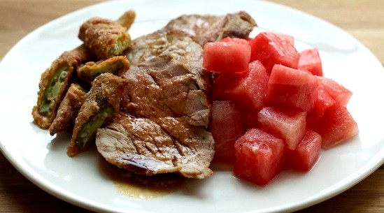 Pork tenderloin with fried okra and pickled watermelon