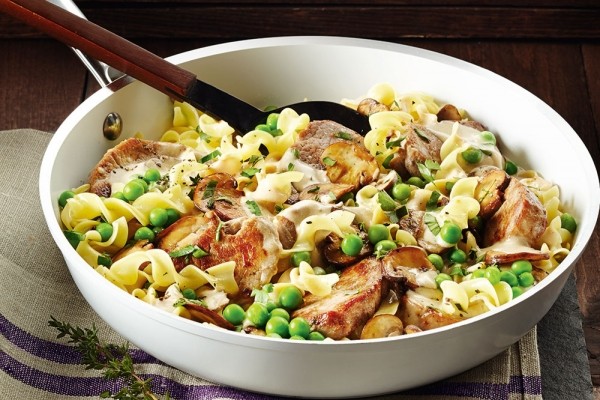 Pork tenderloin with mushroom gravy and egg noodles