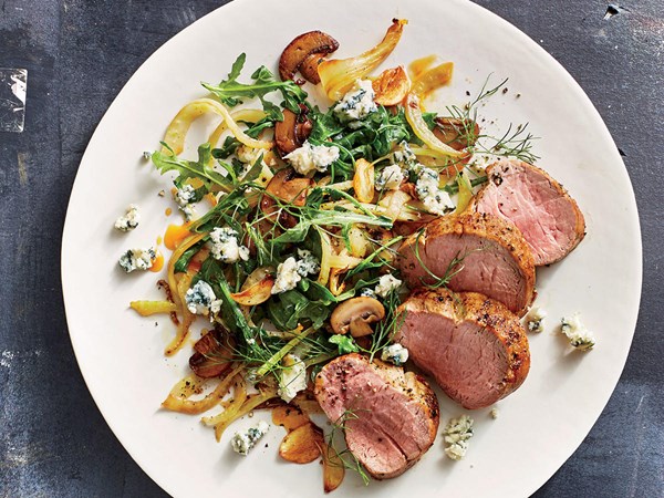 Pork tenderloin with mushrooms, fennel, and blue cheese
