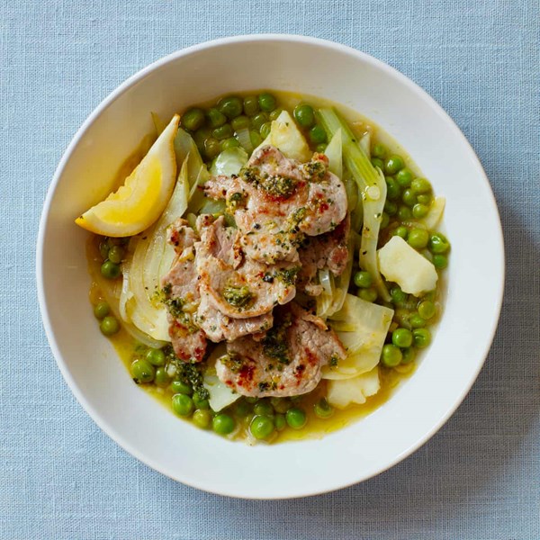 Pork tenderloin with oregano braised peas