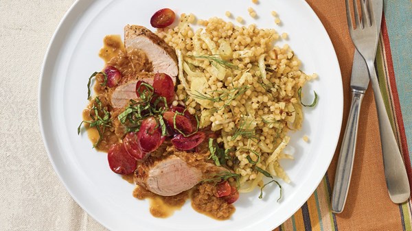 Pork tenderloin with pan-roasted grapes and Riesling reduction