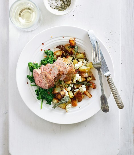 Pork tenderloin with roasted feta, rosemary, sage and olive oil potatoes