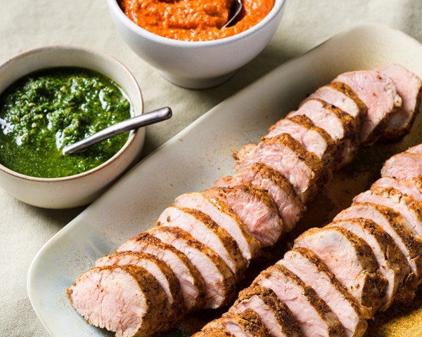 Pork tenderloin with salsa verde and roasted pepper sauce