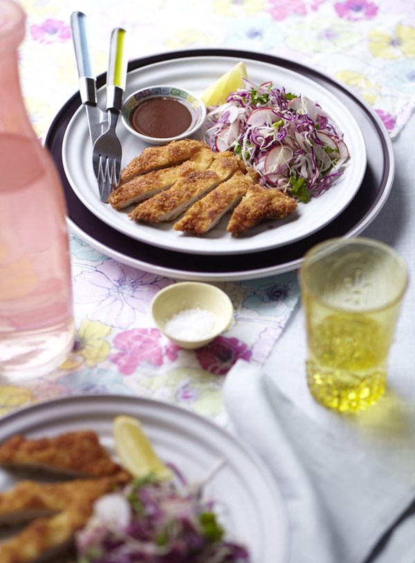 Pork tonkatsu with red cabbage salad