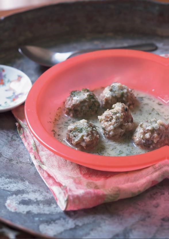 Pork, veal, and rice dumplings with dill, egg, and lemon sauce