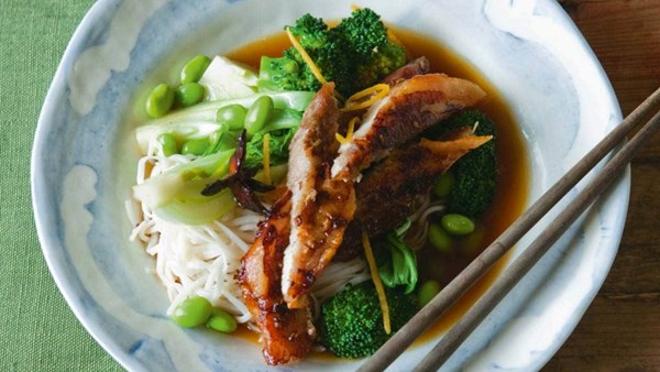 Pork with braised greens in lemon soy broth and noodles