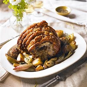 Pork with brandy, prune and pecan stuffing