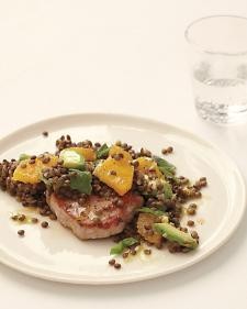Pork with lentil, orange, avocado, and basil salad