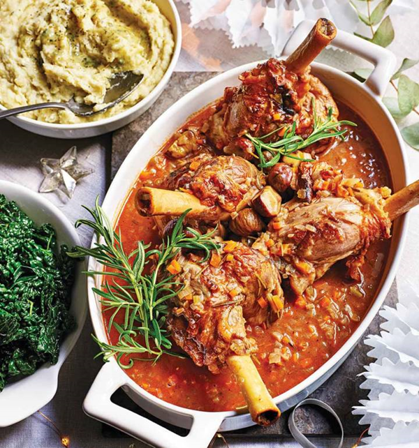 Port and chestnut braised lamb shanks with parsnip and Stilton purée