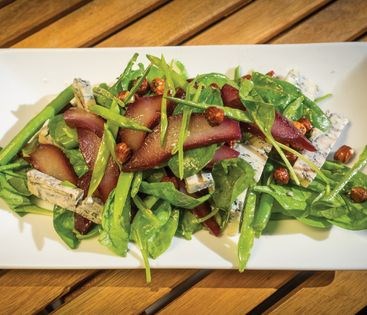 Port-poached pear, Gorgonzola, spinach and hazelnut salad