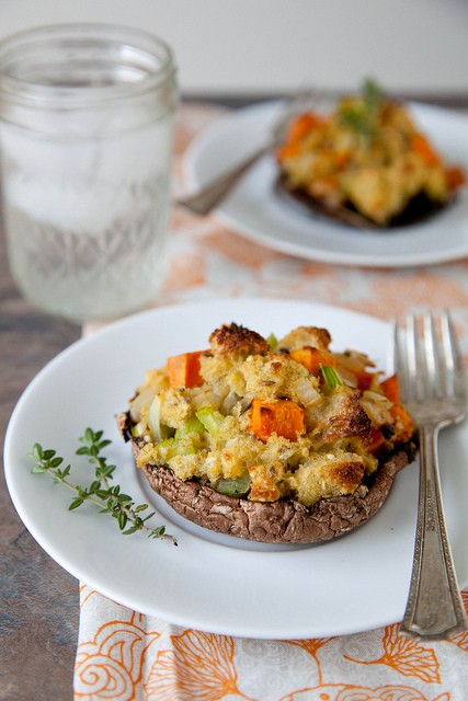 Portabellos with herbed stuffing and sweet potatoes
