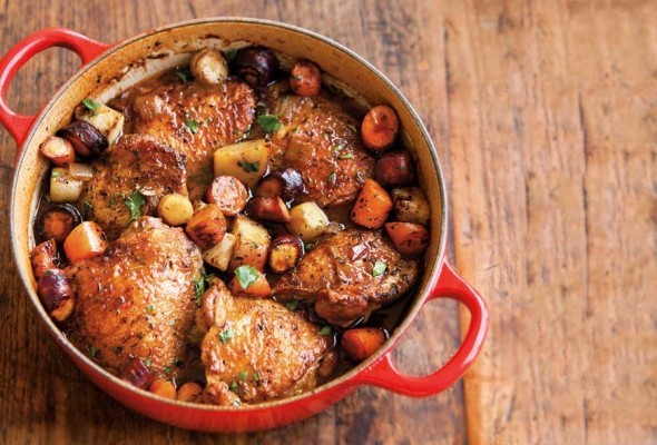 Porter-braised chicken with root vegetables
