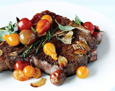 Porterhouse steak with pan-seared cherry tomatoes