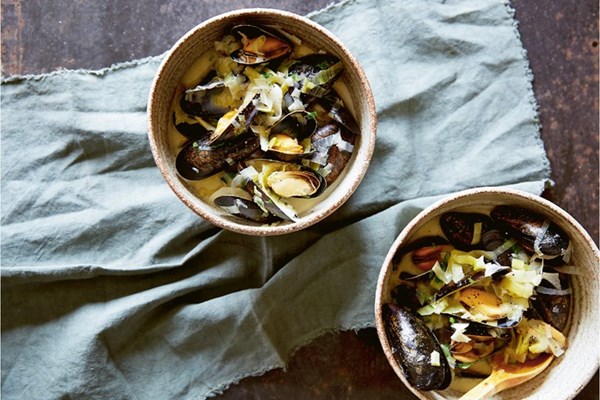 Porthilly mussels with leeks, cider and clotted cream